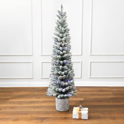 Image showing 5 ft. Flocked Artificial Tree Potted with Multi-Color Lights