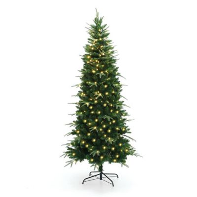 LuxenHome7 ft. Pre-Lit Green Slim Artificial Christmas Tree with 8 Light Functions