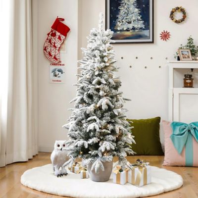 Image showing  5 ft. Pre-Lit Snow Flocked Slim Fir Potted Artificial Christmas Tree