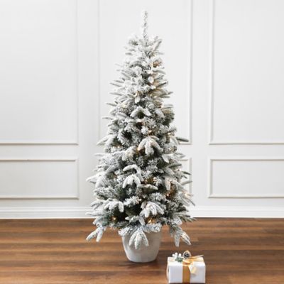 Image showing  5 ft. Pre-Lit Snow Flocked Slim Fir Potted Artificial Christmas Tree
