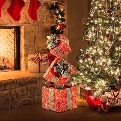 LuxenHomeRed Frosted Gift Boxes with Battery Operated Lights