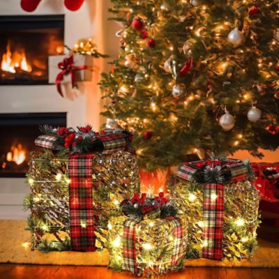 LuxenHome3 pc. Artificial Pine Branches Gift Box Holiday Decoration Set with Battery Operated Lights