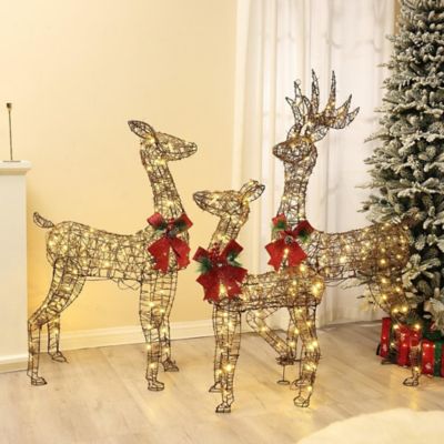 LuxenHome3 pc. Rattan and Iron Deer Family Outdoor Holiday Decoration with Lights