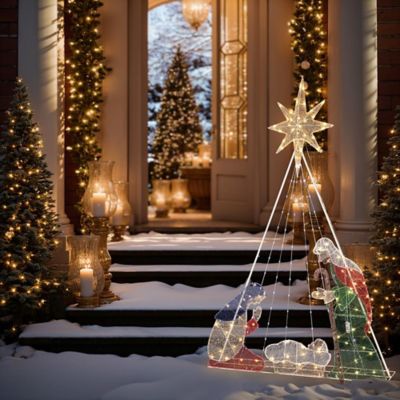 LuxenHomeLighted Nativity and Christmas Tree Outdoor Holiday Decoration