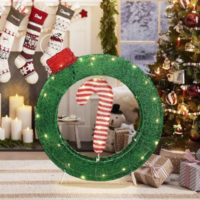 LuxenHome1.9 ft. Tall Ornament and Candy Cane Wreath Outdoor Holiday Decoration with Lights