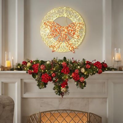 LuxenHome1.6 ft. Round Light Wreath and Red Light Bow Holiday Decoration with Timer