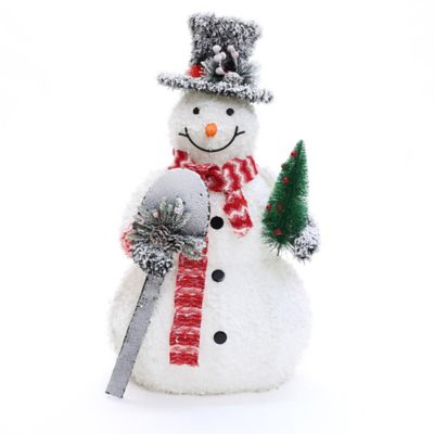 LuxenHomeWhite Frosted Snowman Holding Shovel and Christmas Tree Holiday Decoration with Lights
