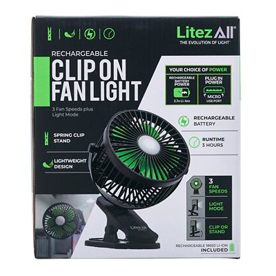 LitezAll Rechargeable Clip On Fan with Light