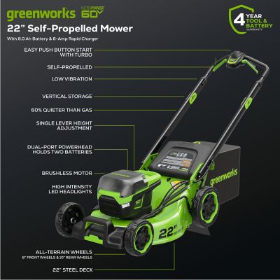 Image showing 8 th Greenworks Pro 60V 22 in. Brushless Cordless Battery Walk-Behind Self-Propelled Push Lawn Mower 8.0Ah Battery & Charger