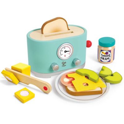 Hape Ding & Pop-Up Toaster - 15 pc. Teal Wooden Food Playset