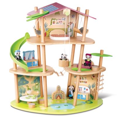 Hape Pandas Bamboo House - 25 pc. Wooden & Bamboo 3 Level Doll House