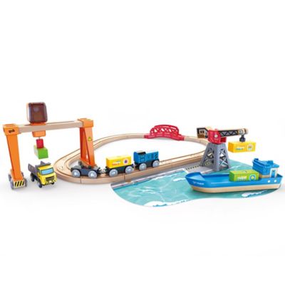 Hape Lift & Load Harbor Set - 25 pc. Land & Water Wooden Train Toy Playset