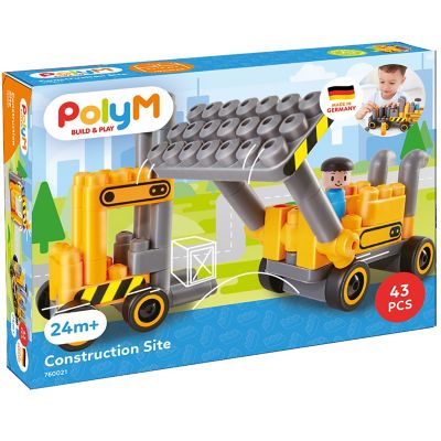 Hape PolyM Construction Site- Yellow-Grey - 43 pc. Building Blocks Toy Set