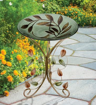 Image showing  18 in. Birdbath with Decorative Stand - Leaves