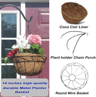 Image showing  Dia Black Metal Hanging Basket with Coco Liner (4-Pack)