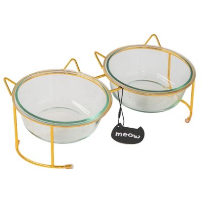 Dexypaws 2 pc. Elevated Glass Bowl Set For Cats - Gold Frame & Two 11.8 oz. Bowls