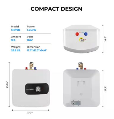 Image showing  6.5 Gallon Mini Tank Electric Water Heater 1.44kW 120V