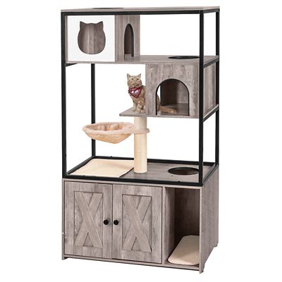 Aivituvin AIR102-I Wooden 3-Story Cat Condo with Litter Box Enclosure Strong Iron Frame