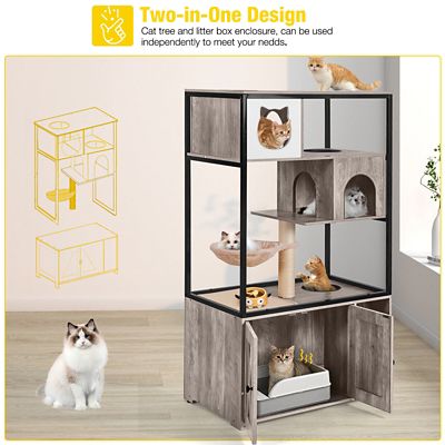 Image showing  AIR102-I Wooden 3-Story Cat Condo with Litter Box Enclosure Strong Iron Frame