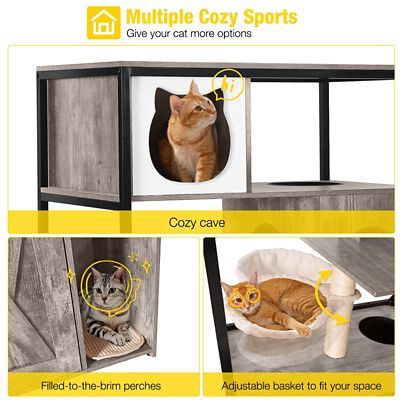 Image showing  AIR102-I Wooden 3-Story Cat Condo with Litter Box Enclosure Strong Iron Frame