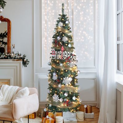 Image showing  7.5 ft. Pre-Lit LED Pencil Slim Artificial Christmas Tree with Warm White Lights in Green