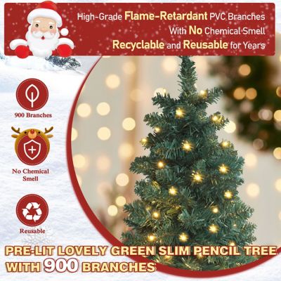 Image showing  7.5 ft. Pre-Lit LED Pencil Slim Artificial Christmas Tree with Warm White Lights in Green