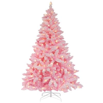 Image showing  6.5 ft. Pre-Lit LED Flocked Artificial Christmas Tree with Warm White Lights in Pink