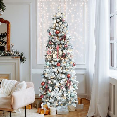 Image showing Slim Pencil Christmas Tree Snow Flocked Artificial Pre-lit with Lights and Stands