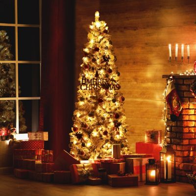 Image showing 6 th VeikousSlim Pencil Christmas Tree Snow Flocked Artificial Pre-lit with Lights and Stands