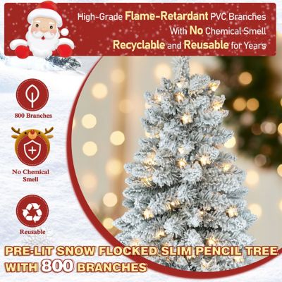 Image showing Slim Pencil Christmas Tree Snow Flocked Artificial Pre-lit with Lights and Stand