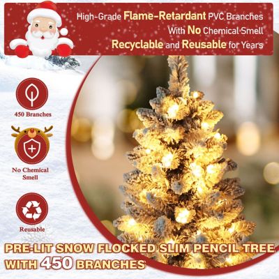 Image showing Pre-lit Holiday Christmas Tree Artificial Flocked Slim Pencil with Lights