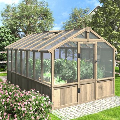Veikous 8ft W x 14ft D Wood Garden Plant Greenhouse for Outdoors with Multi-Layer Polycarbonate Panels