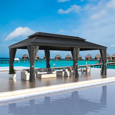Veikous 20ft W x 14ft D Hardtop Gazebo Aluminum Double Roof Metal Gazebo with Curtain and Netting