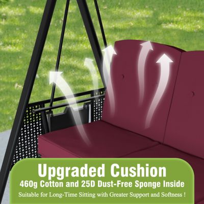 Image showing  3-Person Metal Patio Swing Chair With Converting Canopy Porch Swing With Cushion and Side Trays