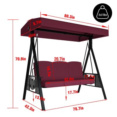 Image showing 9 th Veikous 3-Person Metal Patio Swing Chair with Converting Canopy Porch Swing with Cushion and Side Tray