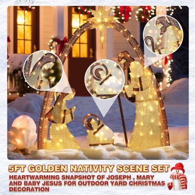 Image showing 7 th Veikous 5 ft. Nativity Set Outdoor Christmas Holiday Yard Decoration Warm White LED, Gold