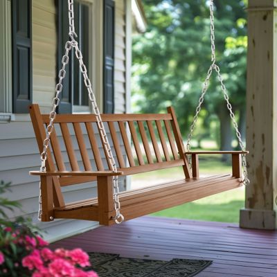 Veikous Patio Hanging Wooden Porch Swing with Chains Heavy Duty Swing Bench