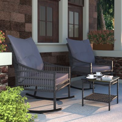 Image showing  3 pc. Outdoor Rocking Chairs Wicker Rattan Bistro Set with Cushions and Table