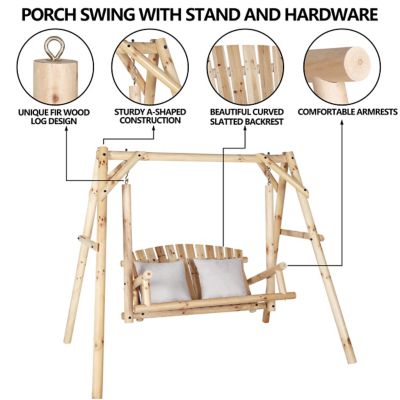 Image showing  2-Person Wood Patio Swing With A-Shaped Stand and Adjustable Hooks