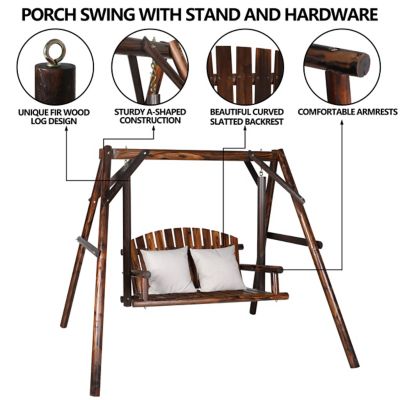 Image showing  2-Person Wood Patio Swing With A-Shaped Stand and Adjustable Hooks