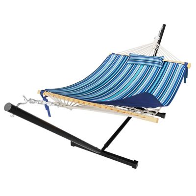 Image showing  12 ft. Quilted 2-Person Hammock Bed with Stand and Detachable Pillow, Blue Stripes