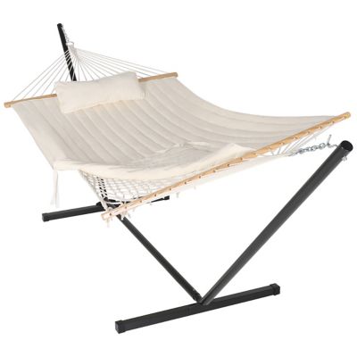 Image showing  12 ft. Quilted 2-Person Hammock Bed with Stand and Detachable Pillow, Beige