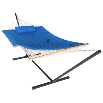 Image showing  12 ft. Quilted Hammock Bed with Stand and Pillow in Dark Blue for 2 Person