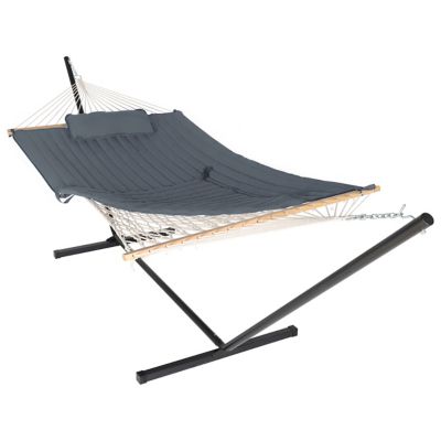 Image showing  12 ft. Quilted 2-Person Hammock with Stand and Detachable Pillow, Dark Gray