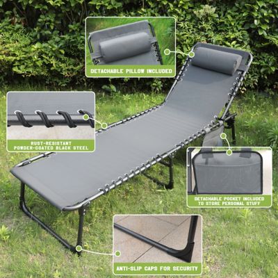 Image showing  Outdoor Folding Chaise Lounge Chair Fully Flat for Beach with Pillow and Side Pocket