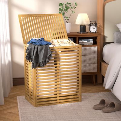 Image showing  Bamboo Rectangle Laundry Room Hamper Sorter with 2 Removable Liner Bags and Lid