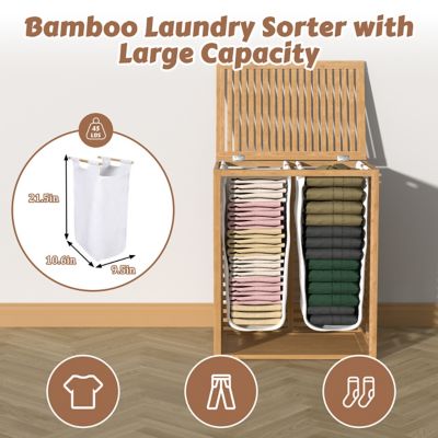 Image showing  Bamboo Rectangle Laundry Room Hamper Sorter with 2 Removable Liner Bags and Lid