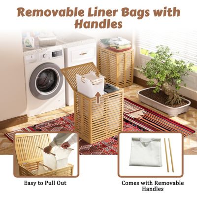 Image showing  Bamboo Rectangle Laundry Room Hamper Sorter with 2 Removable Liner Bags and Lid