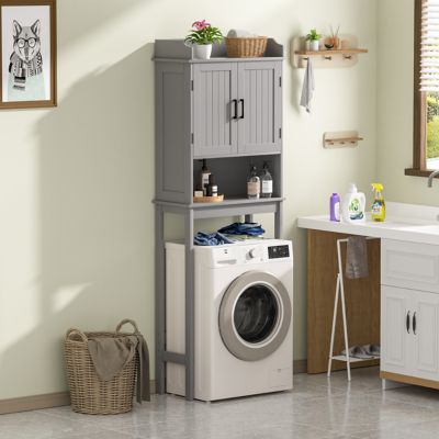 Image showing  Bathroom Over-the-Toilet Storage 21.7 in. W x 66.9 in. H x 7.1 in. D Composite Rectangular Shelf in Gray
