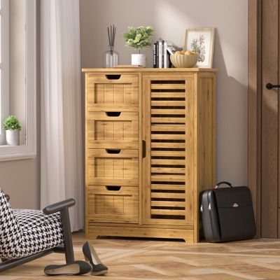 Image showing  32.5 in. H Bamboo Freestanding Linen Cabinet with 2 Removable Shelves and 4-Drawer